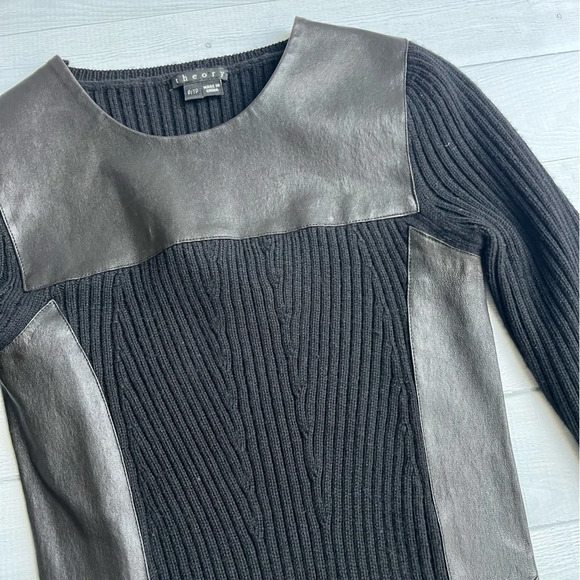 Theory Black Lambskin Leather Trim Long Sleeve Stretch Sweater Dress Size P/TP - Picture 9 of 11